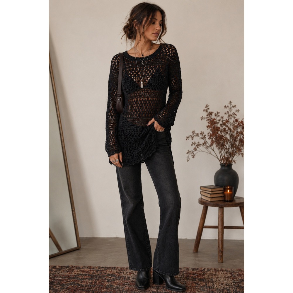 Black Crochet Open Knit Sheer Sweater Boho Beach Cover Up Goth Grunge Small